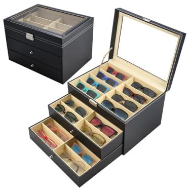 Imagem de NovelBee Organizador de armazenamento de óculos de sol de 3 camadas para mulheres e homens, estojo de óculos de sol com 18 compartimentos, caixa de exibição de colecionador, Preto, 18 slots