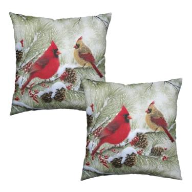 Imagem de Wnoesat Capas de almofada de inverno, 45,7 x 45,7 cm, conjunto de 2 capas de almofada cardeal pássaros vermelhos pinho azevinho pinho neve rústica decoração de Natal para cama, sofá, varanda, sala de