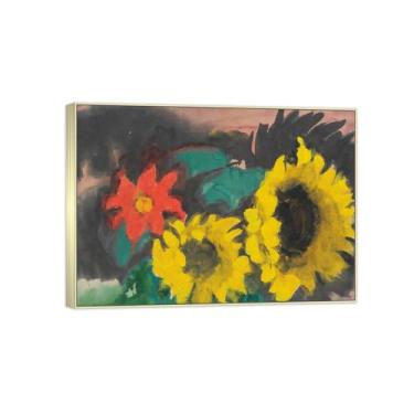 Imagem de BMZFYBS Arte de parede em tela de flores reprodução de pintura famosa - imagens de moldura prateada para sala de estar - dois girassóis e flores vermelhas - pôster e impressões 70 x 100 cm 27 x 39 pol