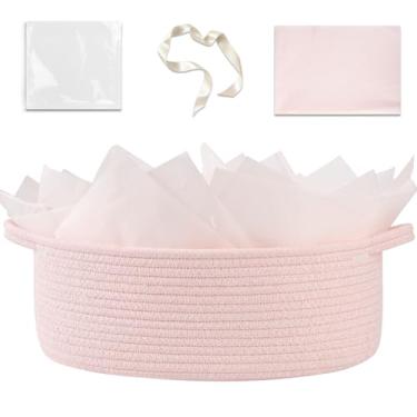 Imagem de OIAHOMY Cesta de presente com alça, cesta de tecido de 34 x 25 x 14 cm com saco de presente, fita e papel de embrulho, caixas de berçário vazias para encher com toalhas, organizador de brinquedos para