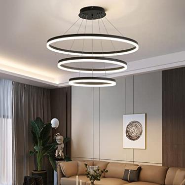 Imagem de Lustres de iluminação de luxo modernos para sala de estar, luminária pendente LED de 3 anéis, lustre de iluminação de luxo para sala de jantar, altura ajustável, regulável em três cores, BL