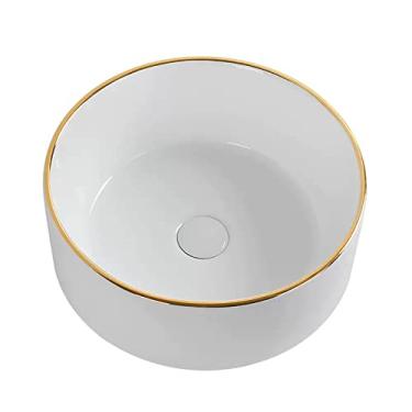 Imagem de Pia de banheiro elegante branca pia de vaso de banheiro redonda acima do balcão de porcelana vaso de cerâmica tigela de lavagem para banheiro de hotel armário de vaidade com ralo pop-up e vaso de