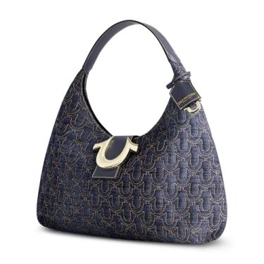 Imagem de True Religion Bolsa de mão hobo jeans acolchoada, bolsa de ombro grande em ponto ferradura com ferragens douradas, jeans escuro