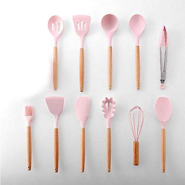 Imagem de Utensílios de cozinha rosa conjunto de utensílios de cozinha de silicone com cabo multifuncional de madeira espátula antiaderente concha batedor de ovo pá