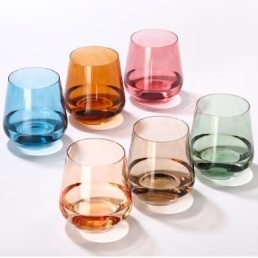 Imagem de Conjunto de 6 taças de vinho coloridas sem haste - Copos coloridos sem haste de 500 ml, copos sem haste para bebidas e vinho - Conjunto exclusivo de copos para uso em casa e bar