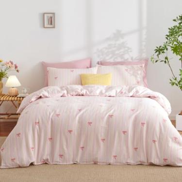 Imagem de Jolusere Capa de edredom infantil para meninas, rosa, conjunto de roupa de cama listrada de 3 peças, lindo design de princesa com laço e listras, 1 capa de edredom e 2 fronhas, microfibra respirável