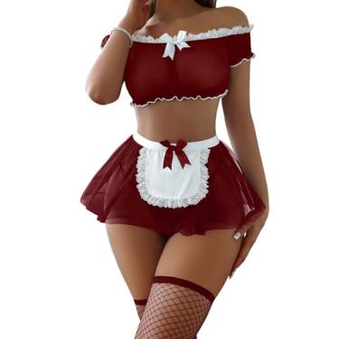 Imagem de Foxiny Mini saia sexy de malha de renda transparente para Halloween, roupa de empregada doméstica, conjunto de 4 peças, Vinho tinto, XX-Large
