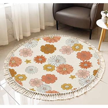 Imagem de Tapete redondo com franja retrô boho flor sem costura vintage anos 70 desenhado em papel para tecido boho tapete de linho tecido à mão pátio corredor tapete decoração de casa sala de estar mesa de