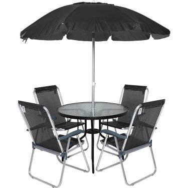 Imagem de Conjunto para Jardim Mesa com Tampo de Vidro e 4 Cadeiras e Ombrellone Trancoso Bel - Preto