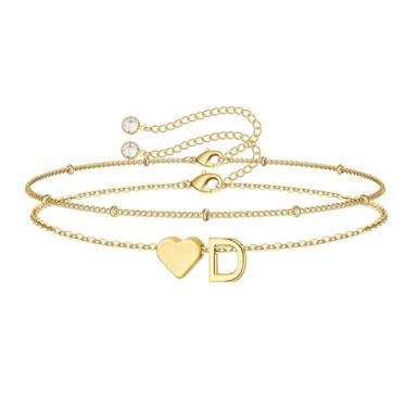 Imagem de M MOOHAM Pulseiras femininas de ouro com inicial de coração – Pulseiras femininas delicadas em camadas com pingente de coração e letra A-Z com elos de corrente, pulseiras com contas, presentes de