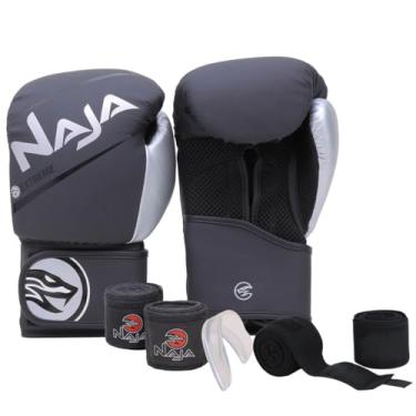 Imagem de Kit Boxe/Muay Thai Naja Extreme - Par de Luva + Bandagem 3M + Protetor Bucal (Preto/Prata, 12 OZ)
