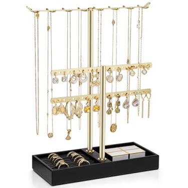 Imagem de Vlando Organizador de joias de 2 camadas com alcatrão, suporte de joias de couro para mulheres, suporte de joias de ouro para colar, brinco, pulseira, anéis - preto