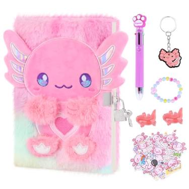 Imagem de homicozy Diário infantil Axolotl com cadeado e chave, diário felpudo Tie-Dye para meninas a partir de 6 anos, caderno de capa dura com 160 páginas, presente fofo de unicórnio para meninas (Axolotl)