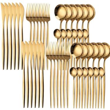 Imagem de Jogo de Talheres Dourado 24/48 Peças em Aço Inox - Design Slim e Moderno para Cozinha, Resistente à Corrosão e à Lava-Louças(48PCS)