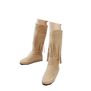 Imagem de Bigfanshu Sapatos femininos bege marrom botas vermelhas sapatos de casamento borla botas de cano médio botas de cano alto com bota de tamanho grande moda leve bota até o joelho, Polimento, 34 BR