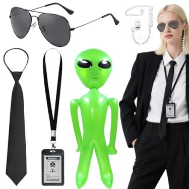Imagem de Conjunto de fantasia de agente para homens e mulheres, roupa de segurança secreta com óculos de sol, cartão de identificação de gravata, fone de ouvido, alienígena inflável para Halloween, Preto