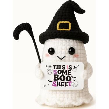 Imagem de MAMAGIFTREE Mini Crochet Ghost with Scythe & Witch Hat - Funny Boo Sheet Card, Handmade Desk & Shelf Decor, Car Accessory, Halloween Party Favor