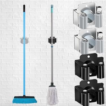 Imagem de Pacote com 4 suportes de vassoura, suporte de parede, suporte organizador de ferramentas de aço inoxidável resistente para ancinho, alças de pá, rack utilitário montado na parede com parafusos (preto