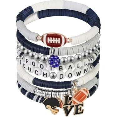 Imagem de KLSKLYL 【Conjunto de 8 peças de pulseiras Super Bowl】 Pulseiras com tema esportivo para dia de jogo – Conjunto de miçangas unissex de futebol, basquete, vôlei e beisebol, One Size, Argila de polímero