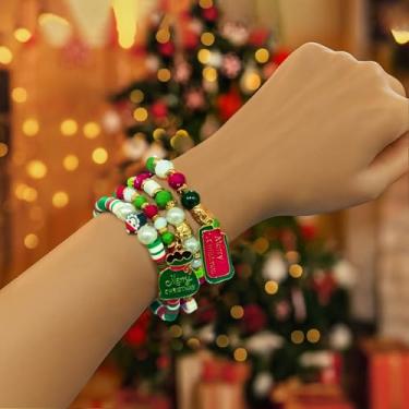 Imagem de 4 pulseiras fofas de Natal, árvore de Natal estilo arco-íris e doces, Papai Noel, bonecos de neve, pulseiras elásticas empilháveis, One Size, Miçanga, Sem Pedra Preciosa