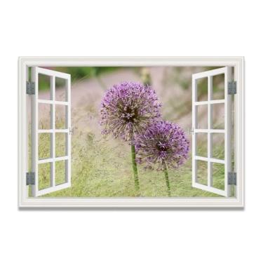 Imagem de LKXGRRSFG Dente-de-leão roxo Impressão artística em tela de ilusão de janela falsa, arte de parede com vista panorâmica real para sala de estar 30 x 45 cm sem moldura