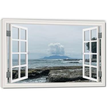 Imagem de Uma nuvem à distânciaImpressão artística em tela de ilusão de janela falsa, arte de parede com vista panorâmica real para sala de estar 20 x 30 cm emoldurada