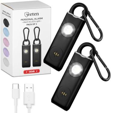 Imagem de Chaveiro de alarme pessoal recarregável por USB para proteção feminina – Pacote com 2 apitos de segurança de 130 dB de autodefesa com luz de LED – Chaveiro com pino de alerta de emergência da WETEN (preto e preto)