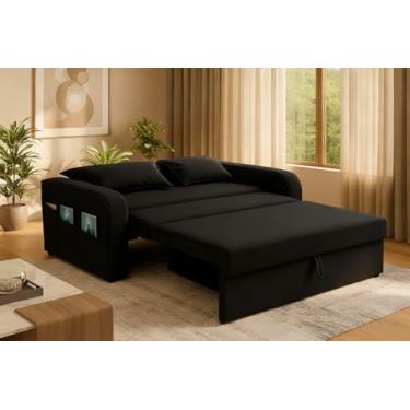 Imagem de Sofá Cama Com Baú 2 Lugares 140cm Lady Day Retrátil Com Almofadas Veludo Preto Aconchegante