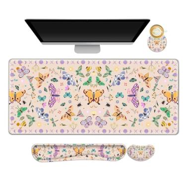 Imagem de ARTSO Conjunto de tapete de mesa, mouse pad estendido para jogos de damasco com suporte para descanso de pulso + descanso de pulso para teclado + porta-copos, mouse pad grande e fofo de borboleta