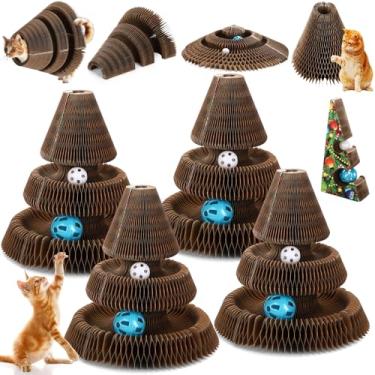 Imagem de Soulchen 4 peças de tábua de arranhar para gatos de órgão mágico, brinquedo combinável para gatos, arranhador interativo de papelão com bola de sino, almofada de arranhar acordeão dobrável durável