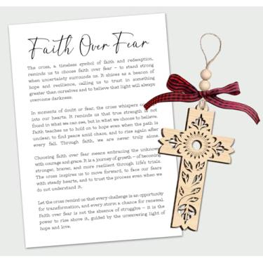 Imagem de Ornamento de cruz - Cartão de história Faith Over Fear - Design de cruz floral de madeira - Símbolo de fé, esperança e redenção - Lembrança cristã inspiradora que incentiva a força e o crescimento