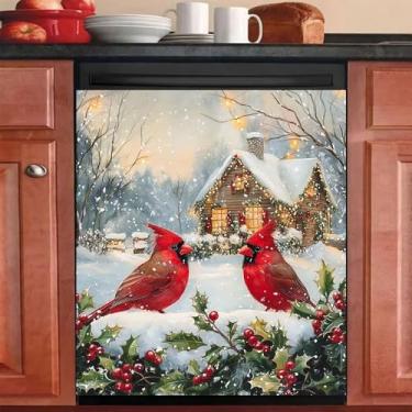 Imagem de Capa de painéis de pele para lava-louças ímã cardeal de inverno, frutas de Natal, geladeira, magnético, cenário de campo nevado, eletrodomésticos, decoração de geladeira - 58 cm L x 66 cm A magnético