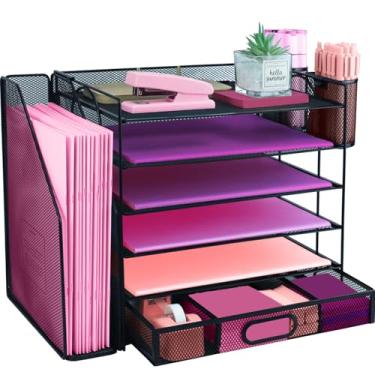 Imagem de ideallife Organizadores de mesa e acessórios com suporte de arquivo, organizador de bandeja de papel de 6 camadas com gaveta e 2 porta-canetas, organizador de documentos de mesa de malha para material