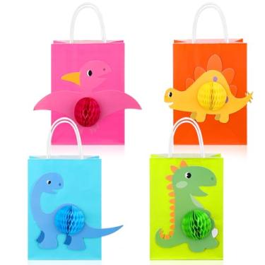 Imagem de Trnayi 16 peças de sacos de lembrancinha de festa de dinossauro com alças Dino 3D bolsa de favo de mel dinossauros doces suprimentos para decoração de festa de aniversário chá de bebê