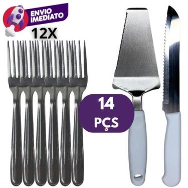 Imagem de Kit Jogo Faca Pão E Espátula Cortar E Servir Bolo Cabo Branco E Garfo 