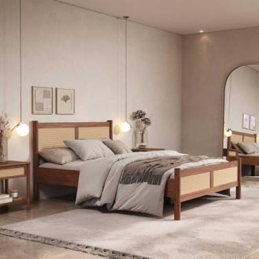 Imagem de IDIMEX Cama De Casal Madeira Maciça Com Rattan 140 x 190 cm Castanho Cefira