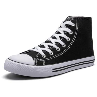 Imagem de Tênis infantil de cano alto clássico de lona para meninas e meninos, tênis com cadarço, moderno, tênis de lona, sapatos casuais para caminhadas, Preto e branco, 1 Big Kid