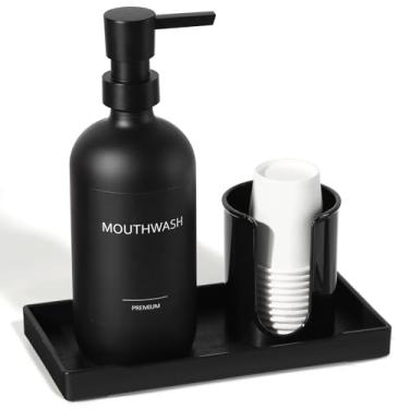 Imagem de TOLDATLI Dispensador de enxaguante bucal para banheiro, dispensador de vidro para lavagem bucal com suporte de copo, decantador de garrafa de enxaguante bucal de 43 ml com bandeja, recipiente