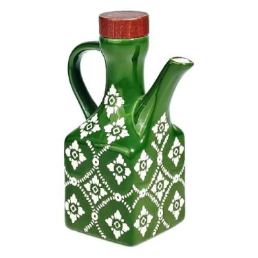 Imagem de Garrafa dispensadora de azeite de oliva de cerâmica verde de 250 ml – Decantador para cozinha com alça e rolha de madeira, conjunto de dispensador decorativo de óleo e vinagre, recipiente de óleo de