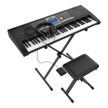Imagem de Teclado Portátil 61 Teclas 5 Em 1 Banco, Suporte e Fone de Ouvido Completo Iniciante