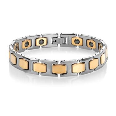 Imagem de Gem Stone King Pulseira masculina de prata sólida e ouro IP brilhante polido com elos de tungstênio 21 cm de comprimento com fecho de segurança dobrável