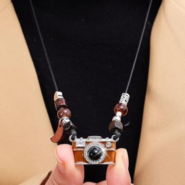 Imagem de Câmera retrô marrom com colares de corda para mulheres, corrente de suéter elegante para presente de aniversário