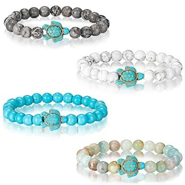Imagem de Pulseira de tartaruga com 4 peças de contas de tartaruga marinha, pulseira de pedra natural, turquesa, elástica, presentes de amizade, para mulheres, homens, meninas