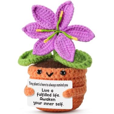 Imagem de Ovrrcame Handmade Crochet Purple Lily Flower with Mindfulness Message – Inspirational Cheer Up Gift for Women, Friends, Coworkers, Teachers – Self-Care Positive Plant Plush for Birthday, Christmas