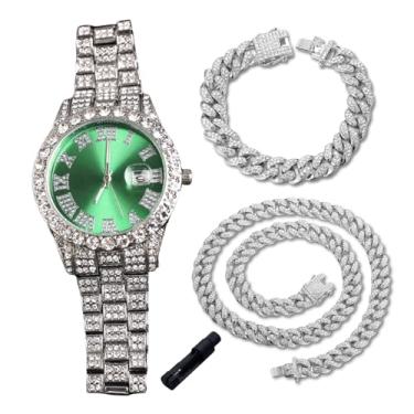 Imagem de genkigold Relógio de diamante dourado para meninos adolescentes - mostrador redondo com algarismos romanos de 42 mm em três cores - pulseira banhada a ouro real 18K de 20 cm - Inclui ferramenta de