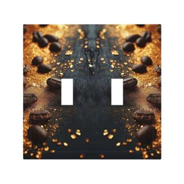 Imagem de LuHuoLu Placa decorativa para interruptor de luz, placa de madeira preta, pó dourado, grãos de café, placa de parede para 2 grupos, placa de parede de dois interruptores, placa de parede de dois