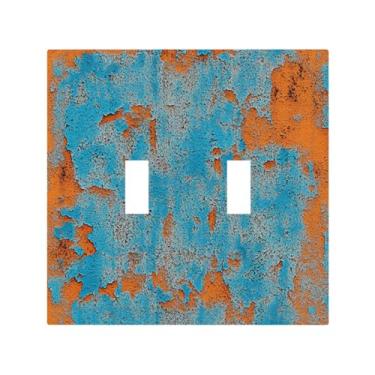 Imagem de JDAKHD Placa de cobertura para interruptor de luz rústica azul laranja abstrato duplo alternador decorativo placa de parede metal ferrugem vintage 2 gangues placa de interruptor dupla placa elétrica