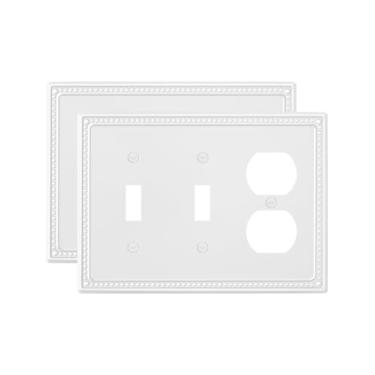 Imagem de TREEWELL Pacote com 2 placas para interruptor de luz duplex/duplo, placas decorativas de interruptores de pérolas brancas puras e tampas de tomada, placas de parede de metal para tomadas elétricas