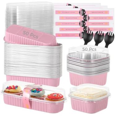 Imagem de 100 peças de copos de sobremesa de alumínio com tampas, forros de cupcake, garfos e adesivos, ramequins descartáveis para muffins, recipientes quadrados individuais para pudim e assar