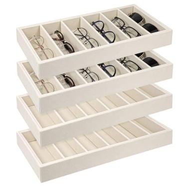 Imagem de Meyeyaia 4 peças bandeja organizadora de óculos de sol de veludo, 6 organizadores de óculos de grade, bandeja empilhável de veludo, para óculos de sol, estojo de exibição para joias e óculos (bege)